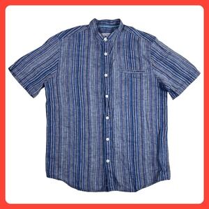 32 Bar Blues 100% Linen Shirt Men MEDIUM Blue Striped Short Sleeve Blade